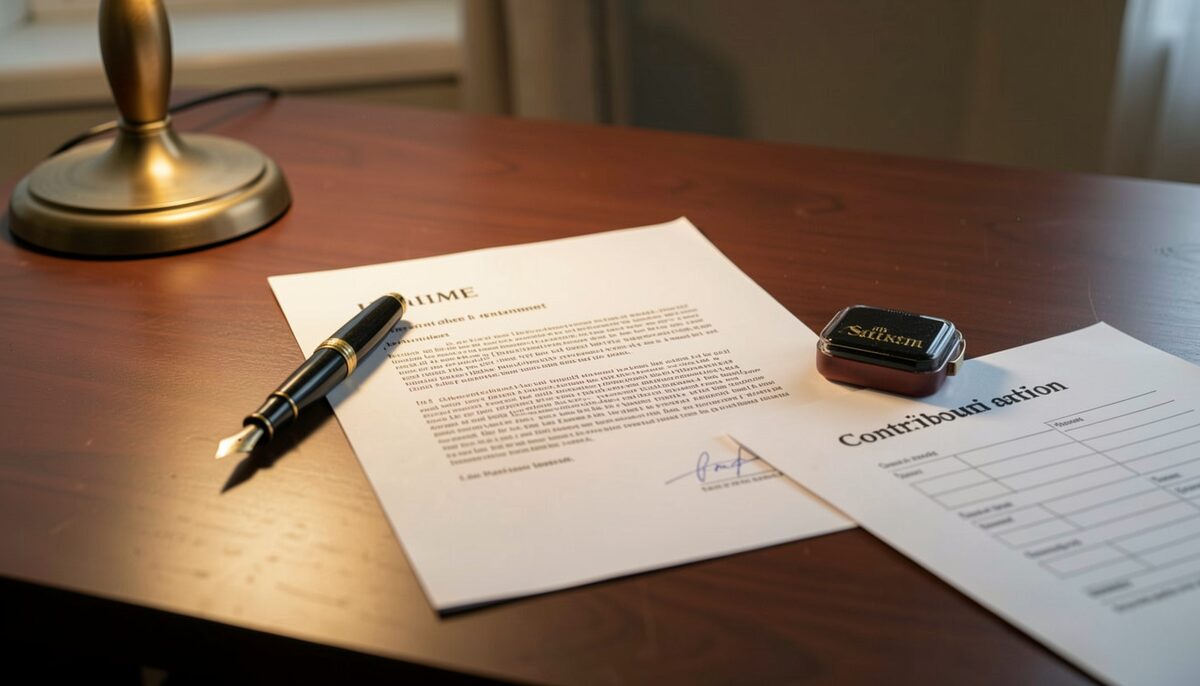 A printed license agreement with a fountain pen and an open ink stamp pad on an office table, a contribution form beside it, warm lamplight.