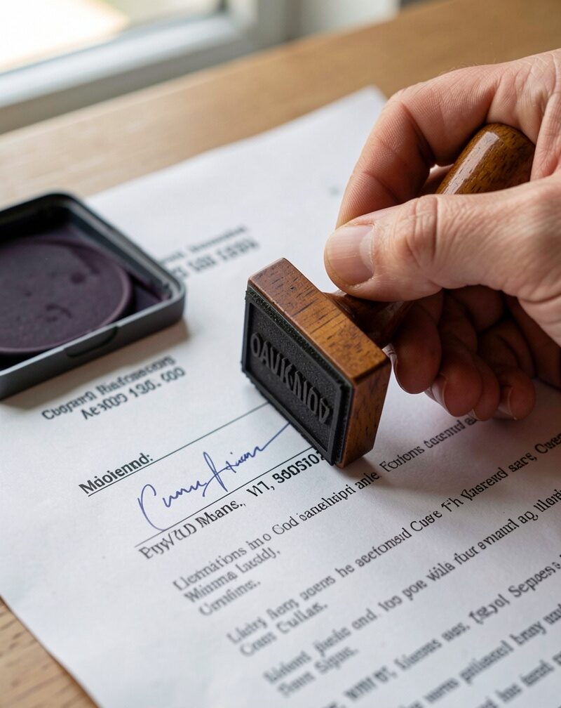 A printed license agreement with a fountain pen and an open ink stamp pad on an office table, a contribution form beside it, warm lamplight.