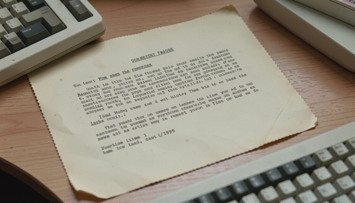 A faded 1999 printout of an essay with dot-matrix edges, yellowed paper on a work table, a vintage keyboard partly in frame.