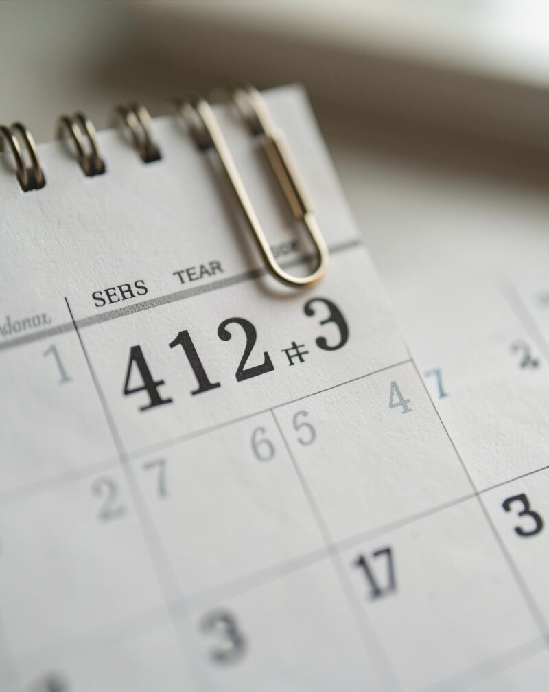 A work table calendar with a future date circled in pencil, a printed license beneath it, a wristwatch beside, morning light.