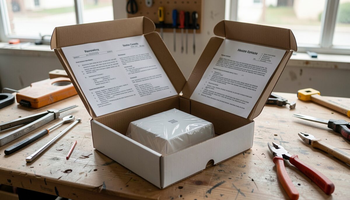 A box of printed code manuals opened to show a smaller wrapped package nested inside, on a workshop table, daylight.