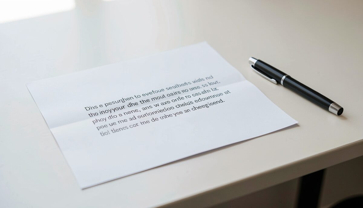 A single sheet of paper with a short paragraph of text on an otherwise empty work table, a pen laid beside it, bright minimal daylight.
