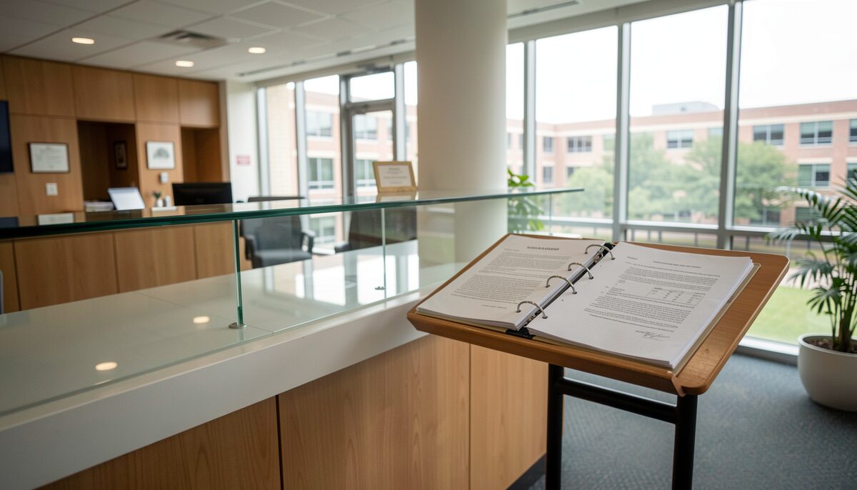 A corporate campus lobby of the early 2000s with a glass reception counter, a binder of white papers on a lectern.