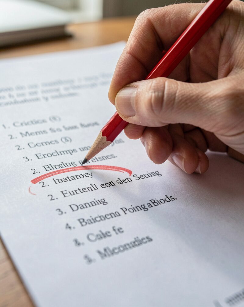 A printed checklist of ten points pinned to a corkboard above a work table, a laptop closed beside it, a mug of tea, warm indoor light.