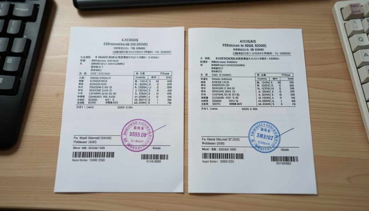 Two printed license documents side by side on a work table seen from above, one bearing a stamped seal, a keyboard at the edge.