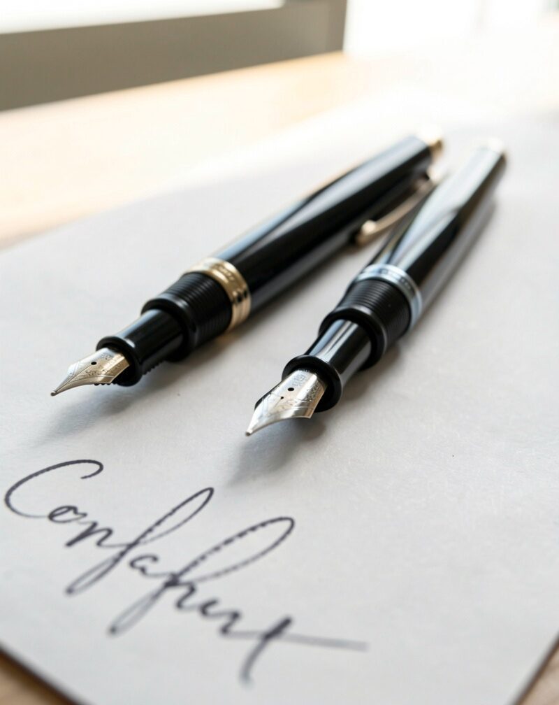 Two printed license documents side by side on a work table seen from above, one bearing a stamped seal, a keyboard at the edge.