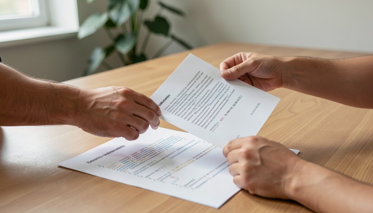 Two hands exchanging a printed document across a wooden table, a shared source code printout beneath, soft meeting room light.