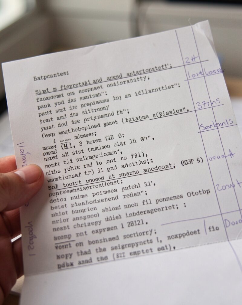 Two hands exchanging a printed document across a wooden table, a shared source code printout beneath, soft meeting room light.