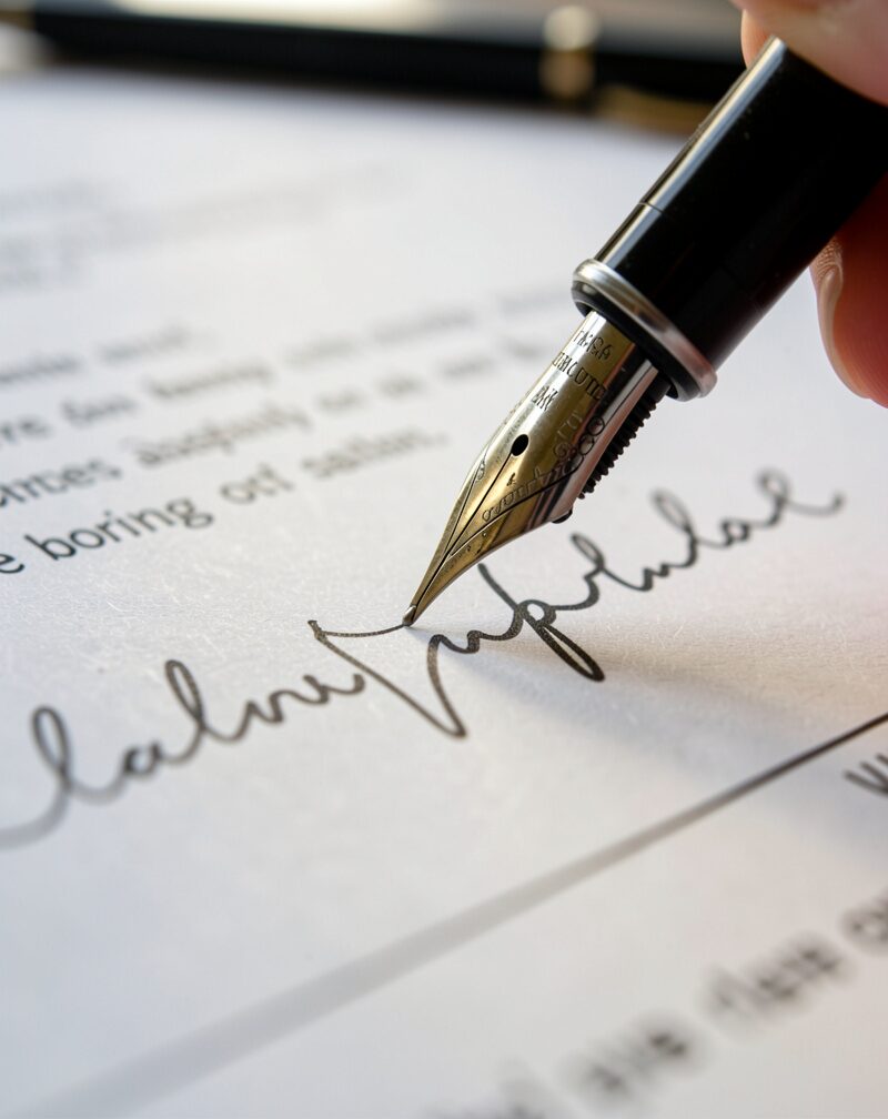 A signature page of a contributor agreement with a hand holding a pen above the signature line, a laptop showing a code diff out of focus behind.
